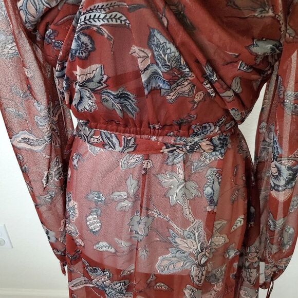 Vintage Boho Gypsy Sheer Cold Shoulder Sheer Flowy Floral Print Long Dress - Picture 7 of 8